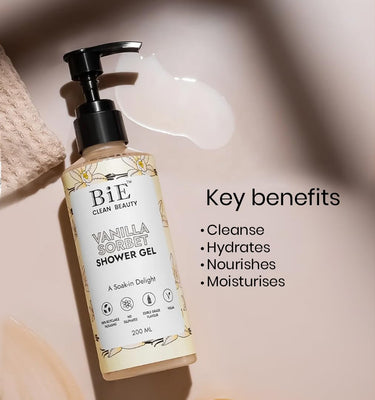 BiE - Vanilla Sorbet Shower Gel | Infused with Aloe Vera, Trehalose & Vanilla Extracts | Hydrating & Refreshing Body Cleanser | 200ml